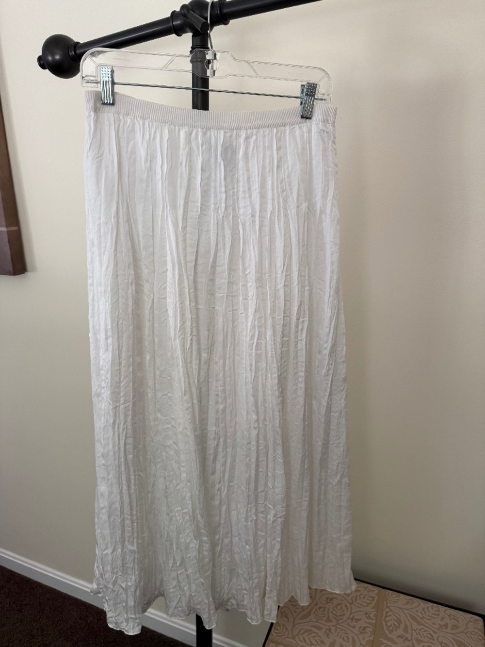 Ann Taylor White Crinkle Pleated Midi Maxi Skirt Elastic Waist Size 6